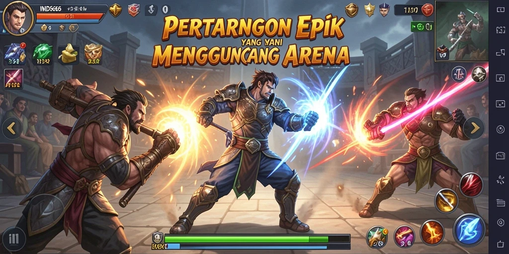 Tangkapan layar gameplay IND666 dengan pertarungan mendebarkan dan karakter yang beragam.