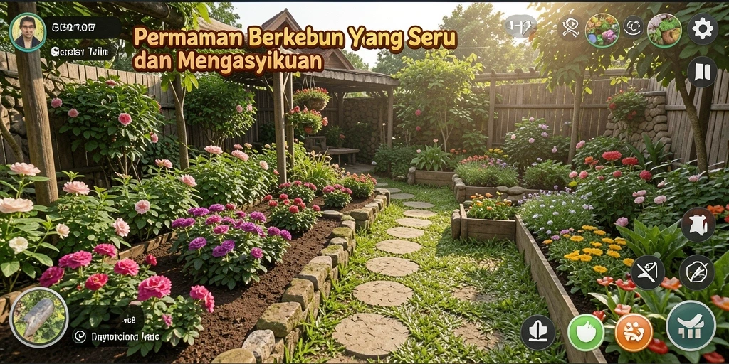 Gambar gameplay SD107 yang menunjukkan aktivitas berkebun yang seru.