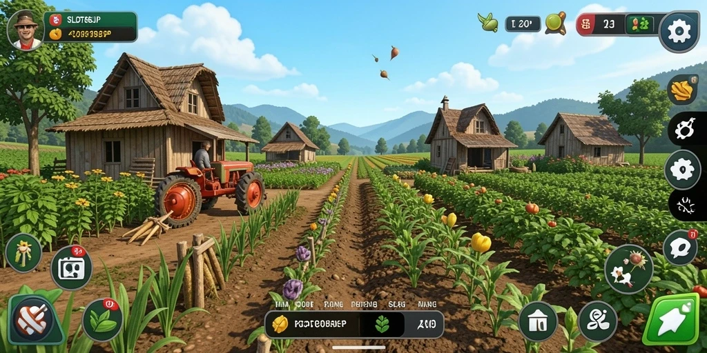 Screenshot gameplay SLOT88JP dengan pertanian yang indah dan interaktif.