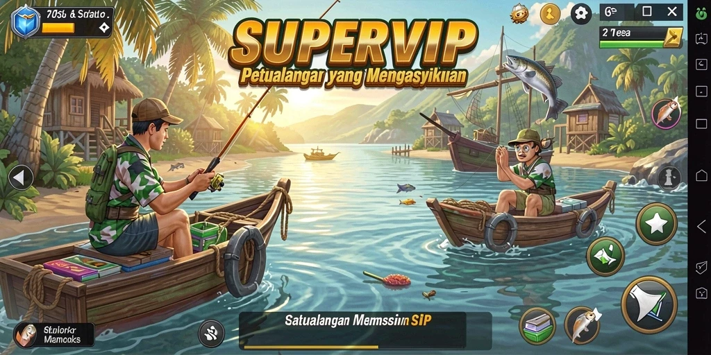 Tampilan gameplay SUPERVIP yang menakjubkan dengan ikan yang melimpah.