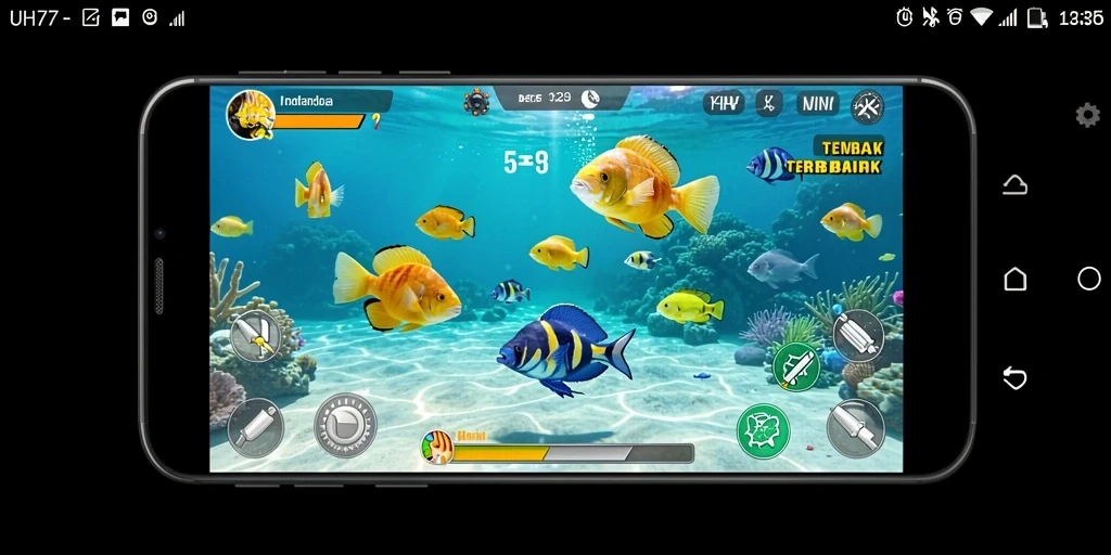 Tampilan gameplay UH77 dengan aksi menembak ikan yang seru.